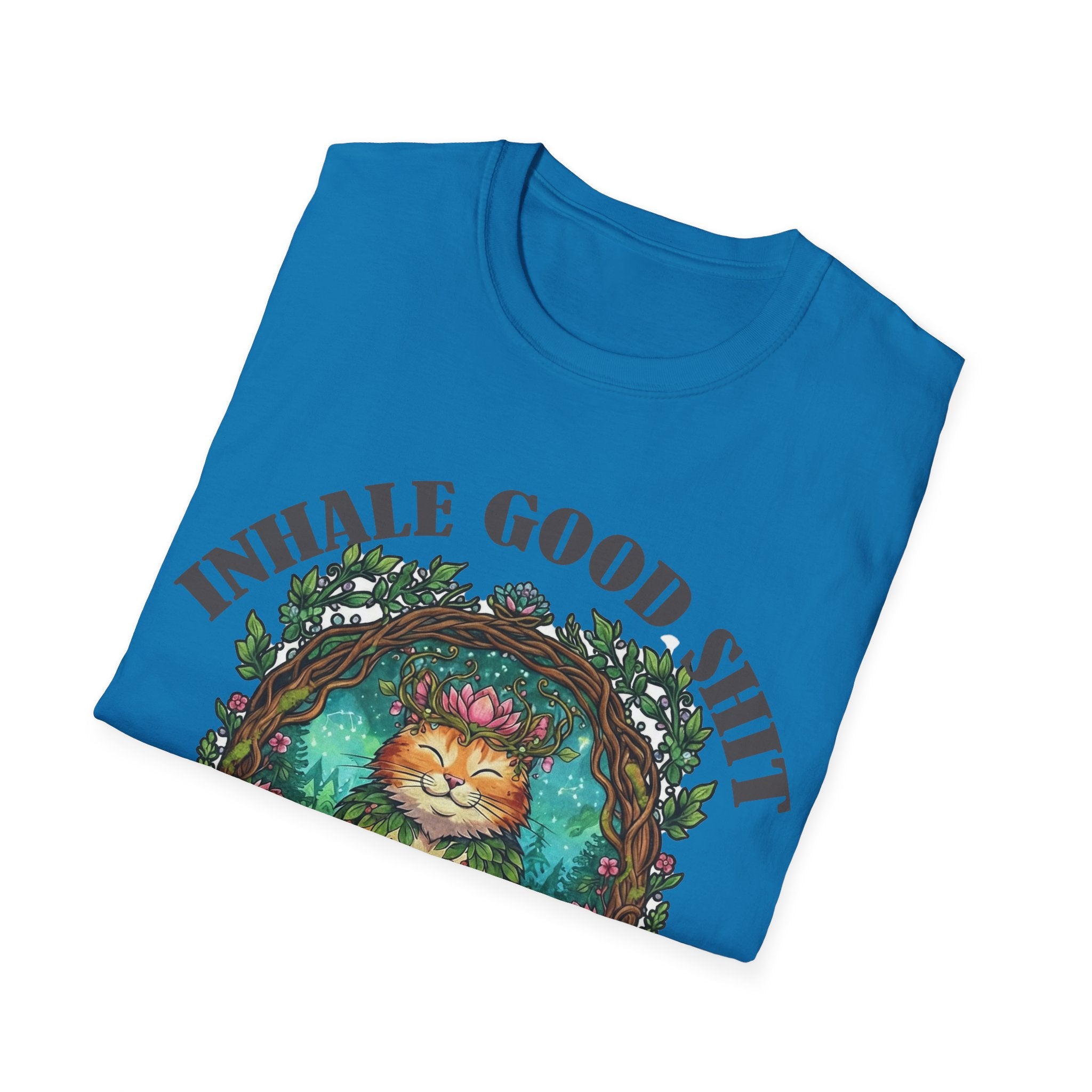 Meditating Cat T-Shirt — "Inhale Good Shit, Exhale Bullshit" Funny Zen