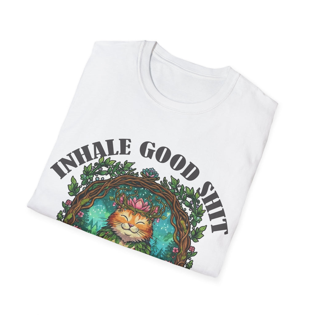 Meditating Cat T-Shirt — "Inhale Good Shit, Exhale Bullshit" Funny Zen