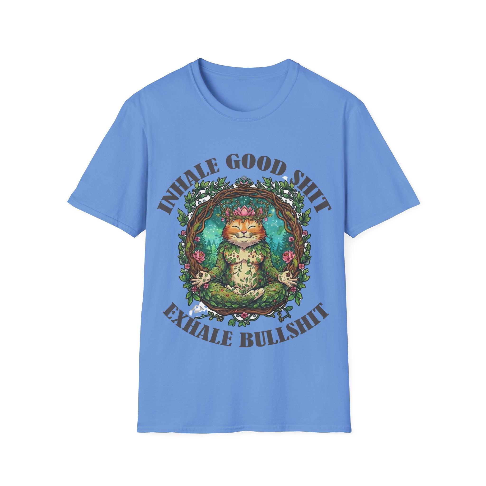 Meditating Cat T-Shirt — "Inhale Good Shit, Exhale Bullshit" Funny Zen