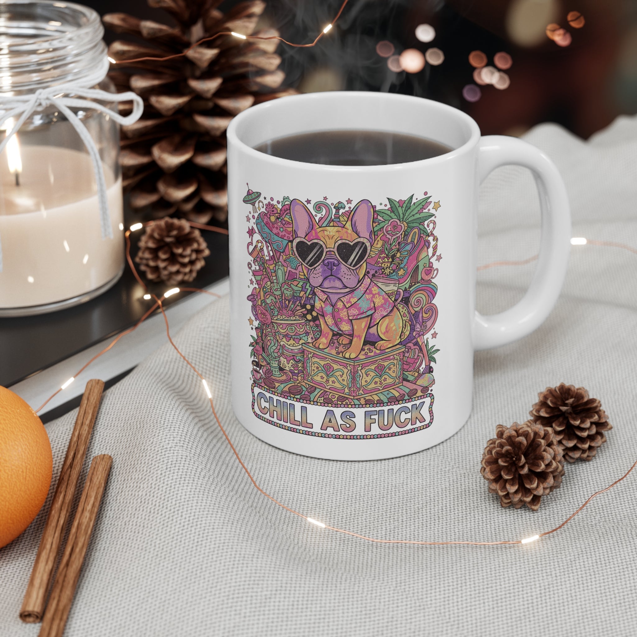 Chill As F*** French Bulldog Mug — Colorful Psychedelic 11oz & 15oz Ceramic Coffee Cup