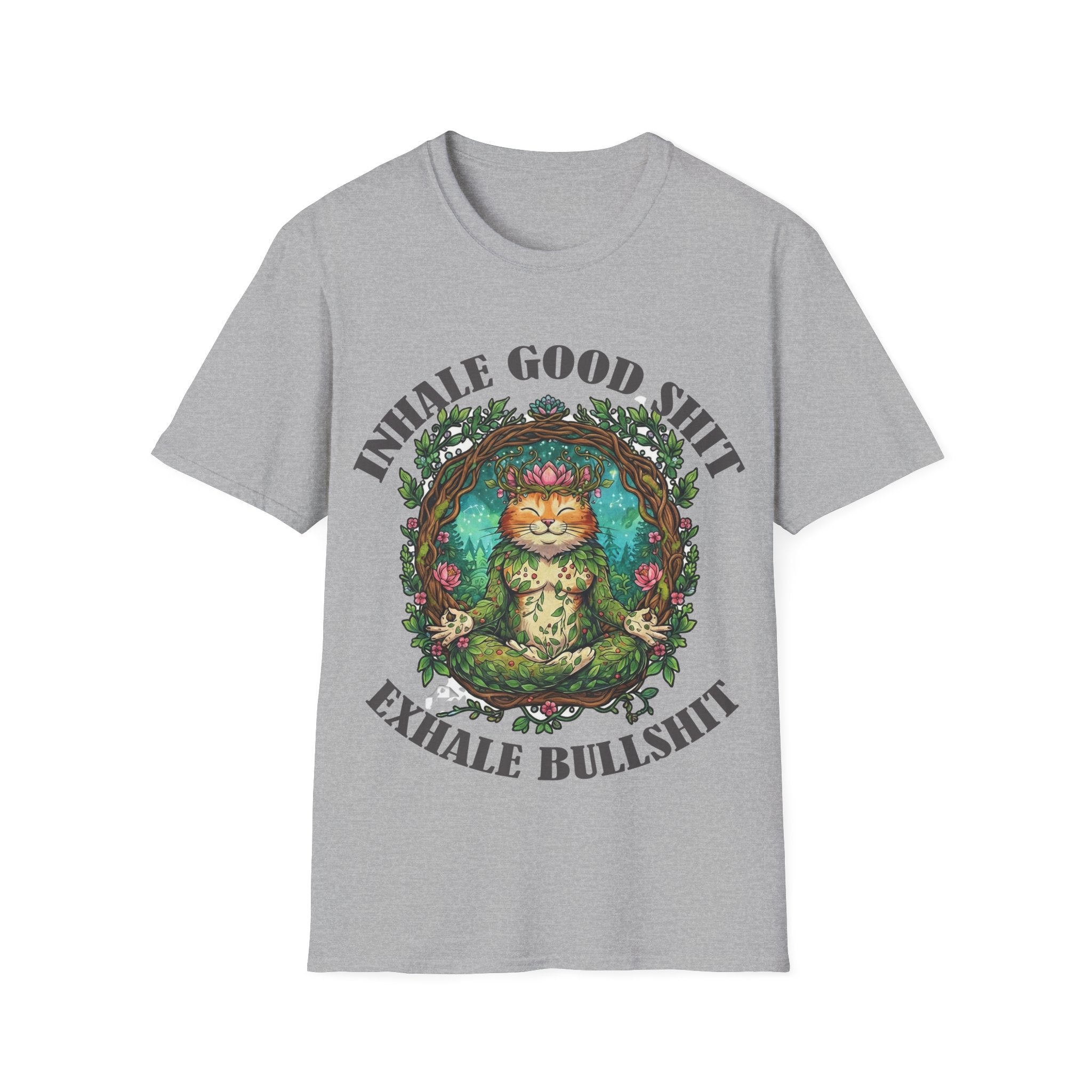 Meditating Cat T-Shirt — "Inhale Good Shit, Exhale Bullshit" Funny Zen