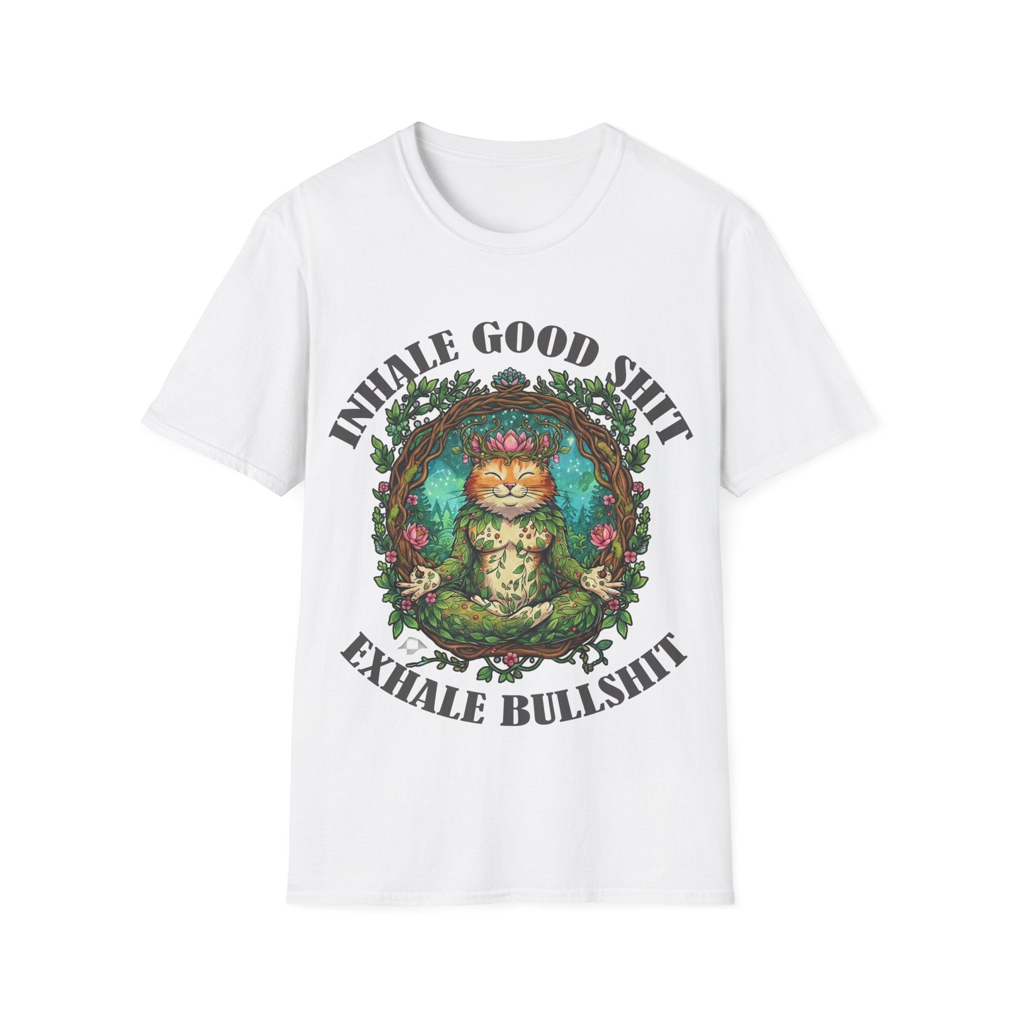 Meditating Cat T-Shirt — "Inhale Good Shit, Exhale Bullshit" Funny Zen