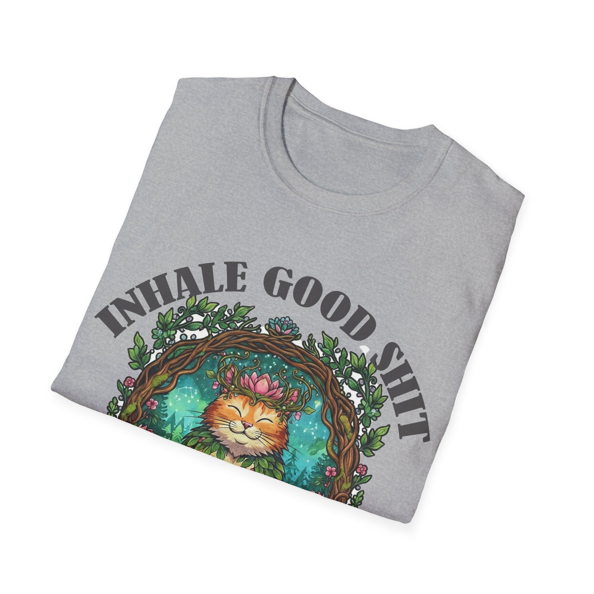Meditating Cat T-Shirt — "Inhale Good Shit, Exhale Bullshit" Funny Zen
