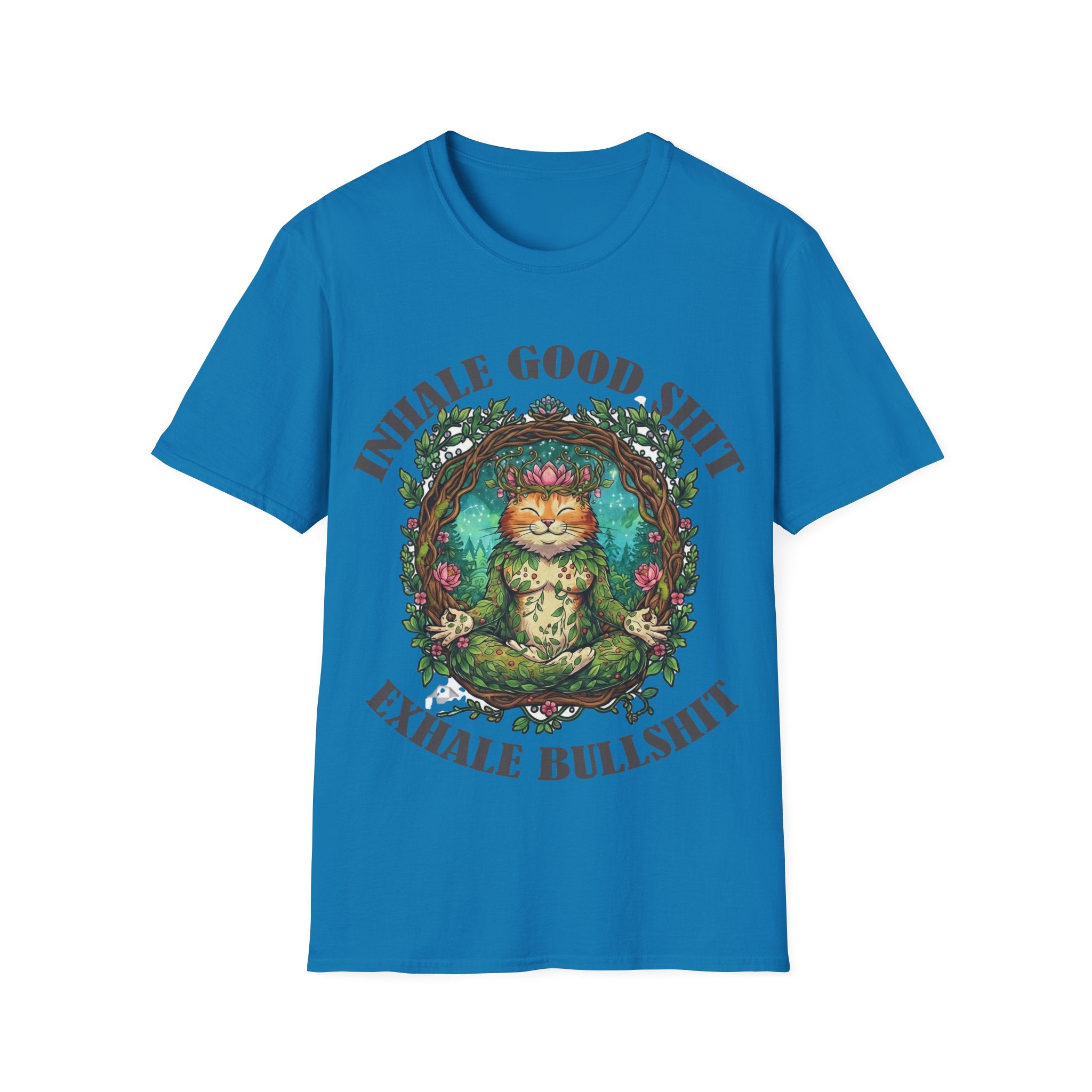 Meditating Cat T-Shirt — "Inhale Good Shit, Exhale Bullshit" Funny Zen