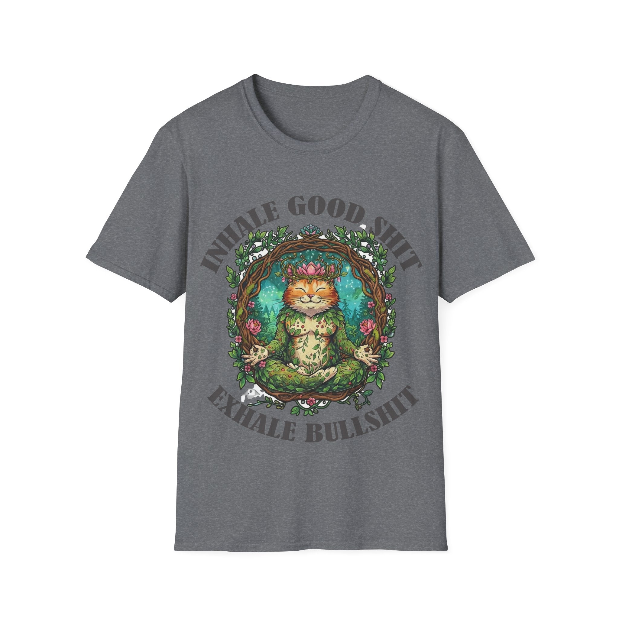 Meditating Cat T-Shirt — "Inhale Good Shit, Exhale Bullshit" Funny Zen
