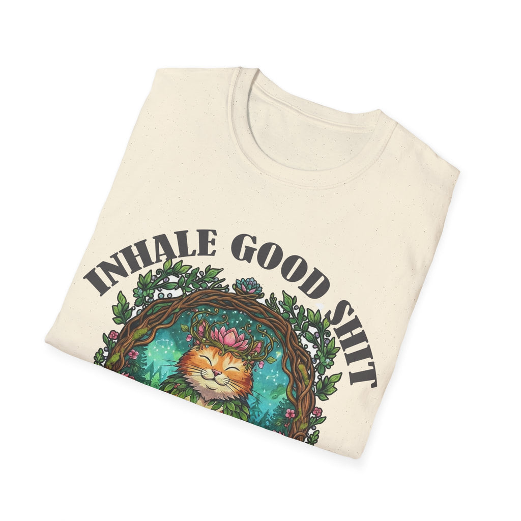 Meditating Cat T-Shirt — "Inhale Good Shit, Exhale Bullshit" Funny Zen